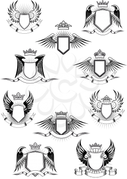 Heraldic coat of arms templates with medieval winged shields decorated royal crowns and blank ribbon banners