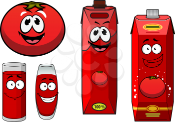Natural tomato juice cartoon characters including happy smiling glasses with red beverage, ripe tomato vegetable and cardboard juice packs with screw cups