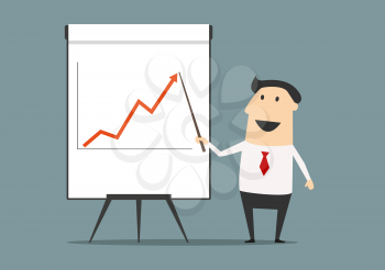 Cheerful cartoon businessman pointing at chart board with stick and presenting growing graph of financial report suited for training or business concept