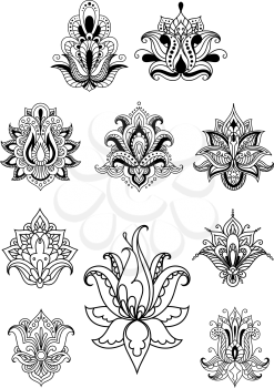 Persian or indian paisley flowers set decorated with traditional outline elements with curls, swirls and drops