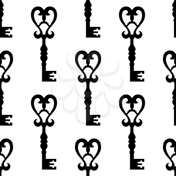 Old keys with heart shape decorative seamless pattern background in white and black colors