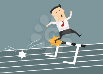 Upset businessman jumping over the hurdle but failed to overcome an obstacle suited for failure or loss business concept design