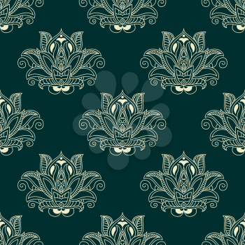 Seamless paisley stylized floral pattern with abstract white silhouette of dense flower buds surrounded by curved leaflets and tendril swirls on dark green background for wallpaper or textile design