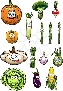 Happy  colorful cartoon garden vegetables characters with cabbage, corn, pumpkin, eggplant, pepper, broccoli, kohlrabi, garlic, radish, asparagus and pattypan