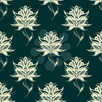 Seamless oriental pattern with paisley white flowers on twining stems with pointed petals and curly leaf tips on dark green background for textile or interior design