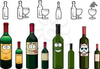 Happy cartoon wine bottles characters with colorful protective foils in the tops and various labels on white background including bottle and glass silhouettes along the top edge