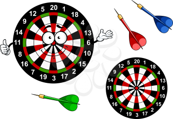 Funny dartboard target cartoon character with bright colored segments and darts arrows showing thumb up gesture for sports or leisure design