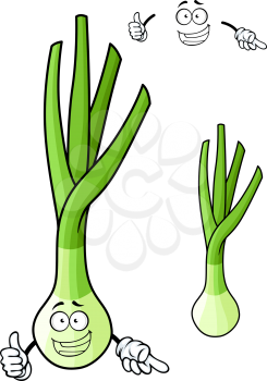 Cartoon onion vegetable character with white round root bulb and funny face showing thumb up gesture for agriculture or food design