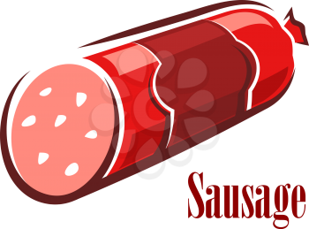 Red salami sausage in cartoon style with stick of beef wurst in natural casing and blank red label isolated on white background
