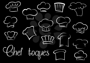 Various of chef toques and baker hats in doodle sketch style isolated on black background for cooking, restaurant or cafe decoration design