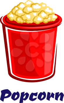 Fresh popped crunchy popcorn in a big red bucket in cartoon style isolated on white background with caption Popcorn for takeaway or fast food cafe design