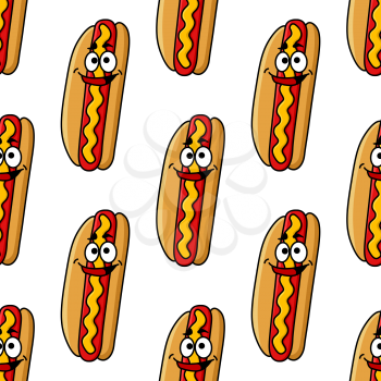Seamless pattern of hot dog cartoon characters with beef sausage, mustard and funny smile on white background for fast food design