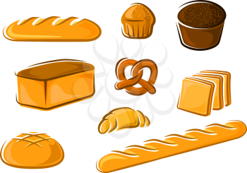 Fresh bakery products in cartoon style including sweet cake, croissant, wheat and rye bread loaves, pretzel, sliced toast bread and baguette for baker shop or food market design