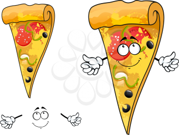 Cartoon thin slice of pizza character with cheese and sliced salami, tomato, pepper, mushroom, olives for pizzeria or takeaway restaurant menu design