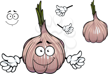 Bulb of cartoon garlic vegetable character enclosed in thin glossy papery sheath with green spicy sprouts on the top for healthy nutrition concept design