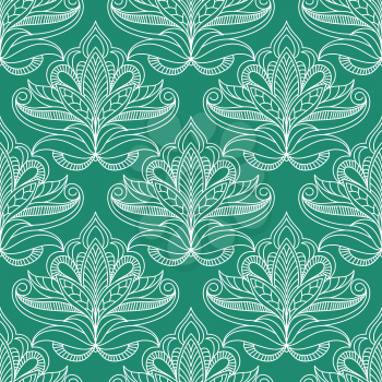 Persian foliage seamless pattern on emerald background with lush compositions of white openwork kidney shaped leaves with curly tips and traditional paisley ornamental striations for lace embellishmen