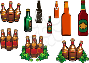 Beer bottles set with cartoon green and brown glass bottles of beer, hop, blank labels and funny smiling faces for alcohol beverage design