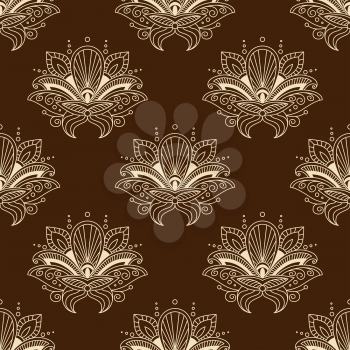 Indian floral seamless pattern on brown background with stylized yellow flowers with teardrop shaped petals decorated wavy paisley ornament for wallpaper or fabric design