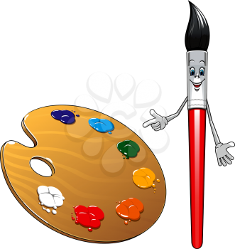 Cartoon cute smiling paint brush character with red handle and wooden art palette with colorful paints for art design