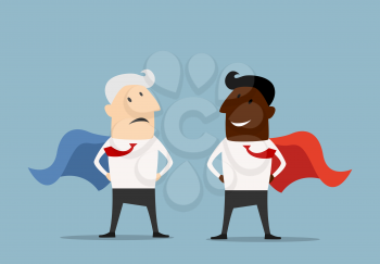 Happy african american and sad caucasian cartoon superhero businessmen characters in blue and red capes standing facing each other, for business or commercial rivalry concept design