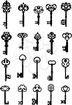 Black silhouettes of vintage keys with intricate bits and ornate bows, decorated with floral ornamental curlicues and isolated on white background