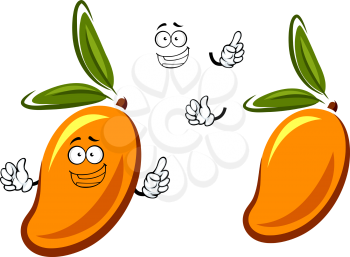 Funny cartoon orange mango fruit character with narrow dark green leaves isolated on white background, for menu or tropical dessert design