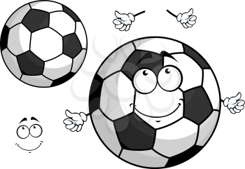 Cartoon football or soccer ball character with classic black and white stitched panels and a second variant with separated elements  for sport team mascot design