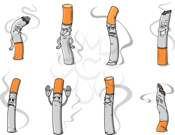 Cartoon smoldering cigarette characters with unhappy, angry and sad faces isolated on white background for healthcare concept design