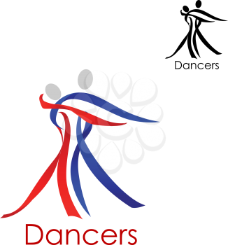 Dancing couple abstract logo or emblem template with man and woman silhouettes composed of red and blue ribbons