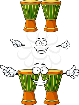 African wooden djembe drums cartoon characters with green rope tension area and happy smiling face for art or music band design