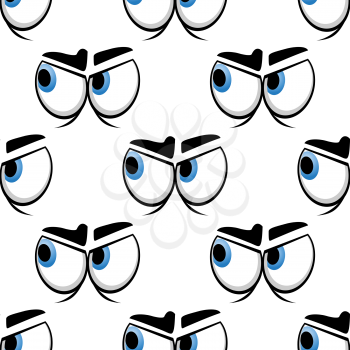 Cartoon big blue eyes seamless pattern with worried frown on white background for comics design