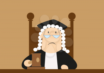 Judge in wig, glasses and mantle pounding gavel in courtroom and makes verdict, for low and justice concept design, cartoon flat style