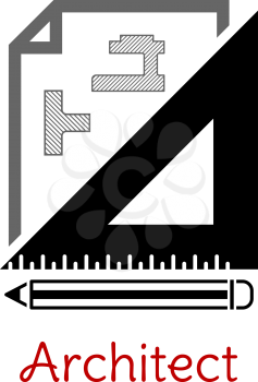 Black and white architect icon with a building blueprint, right angle set square and pencil with text Architect below
