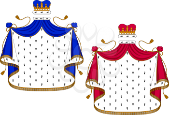 Blue and purple royal mantles with golden embellishments for use as design elements in heraldry, isolated on white background