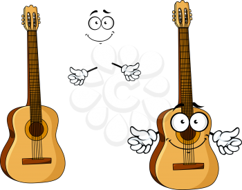 Happy cartoon wooden acoustic guitar character with googly eyes, a happy grin and waving arms with a second plain variant with no face and separate elements? for music design