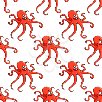 Red cartoon octopus seamless pattern with long tentacles and funny smile