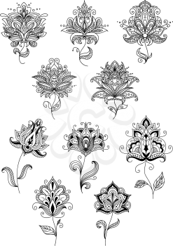 Vintage floral paisley elements and blossoms in persian or indian outline style