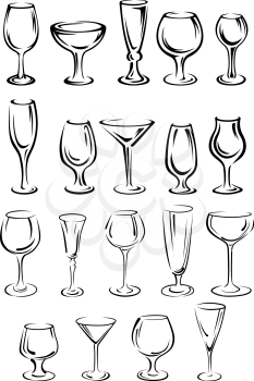 Doodle glassware and dishware sketches set with black and white outlines of a variety of different shaped glasses