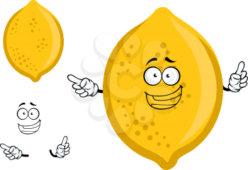 Colorful yellow cartoon lemon fruit character with a happy face and pointing hands with a second plain variant with no face and separate elements