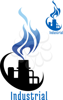 Industrial plant or factory with blue gas flame and pipes for symbols or logo industry design