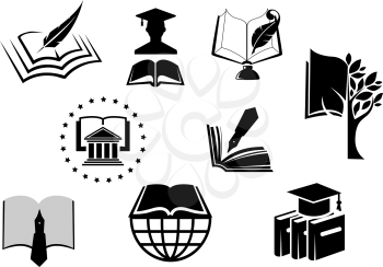 Black and white education or knowledge icons with open books with pens, nibs, quill pens, mortar board hat and a graduate in a cap and gown