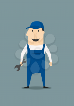 Cartoon mechanic or handy man holding a spanner or wrench standing in his overalls with a happy smile