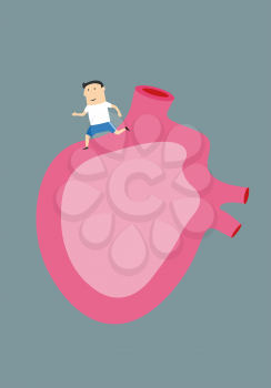 Cartoon man running on a large human heart as a concept of health lifestyle or cardiology design