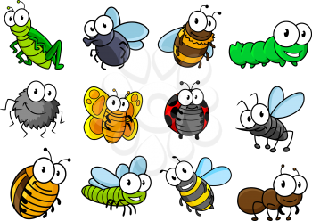 Colorful collection of vector cartoon bugs and insects with caterpillars, ladybug, butterfly, grasshopper, fly, spider, bee, hornet, wasp and ant