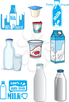 Cartoon milk products and drinks with various bottles, cartons, yoghurt containers and emblems or signs in shades of blue