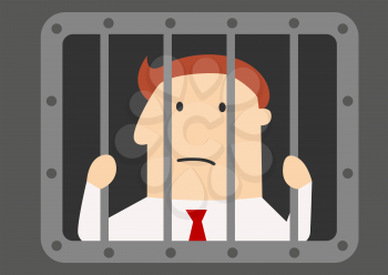Cartoon businessman prisoner in jail peering through the bars with a glum face for white collar crime