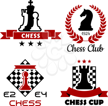 Black and red Chess cup, club and tournament symbols or emblems isolated on white background