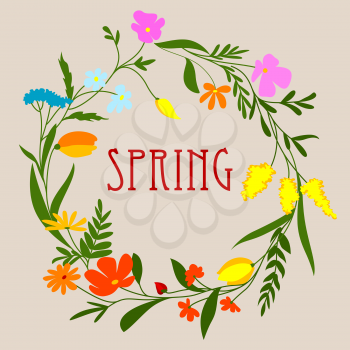 Circular spring floral wreath or frame with colorful silhouettes of spring flowers and leaves around central text Spring