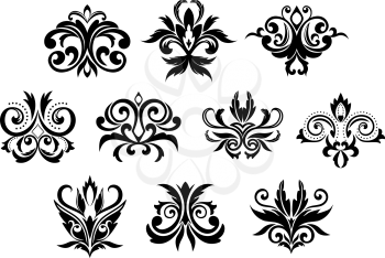 Assorted decorative black gothic flowers and blossoms set isolated on white background