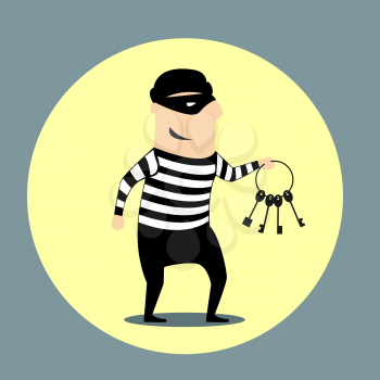 Burglar dressed in a mask and striped clothes carrying a bunch of keys inside a yellow circular icon, flat style